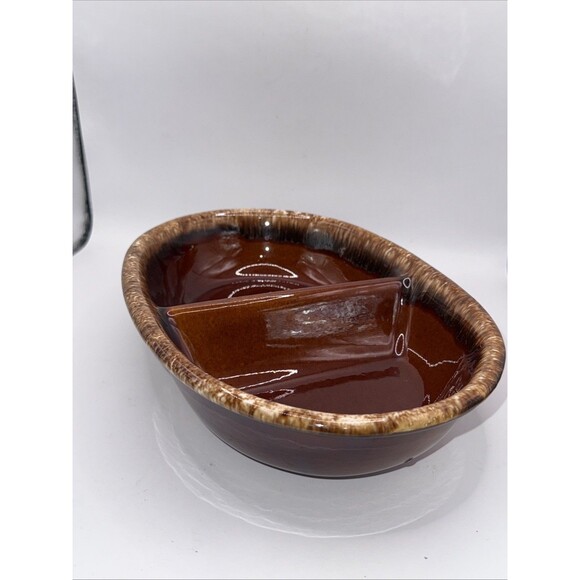 Vintage H.P. Hull USA Brown Drip Pottery Divided Casserole Dish Oven Proof EUC - Picture 3 of 8